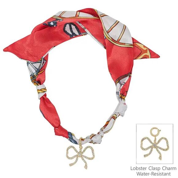 Red White Knotted Scarf Necklace Rhinestone Bow Game Day - Picture 1 of 3
